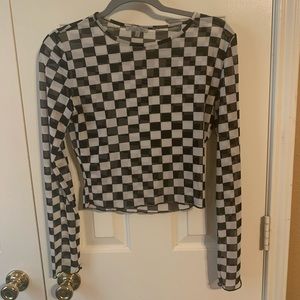 Sheer Checkered Long Sleeve Crop Top Size M